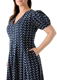 Plus Puff Sleeve Embroidered Midi Dress