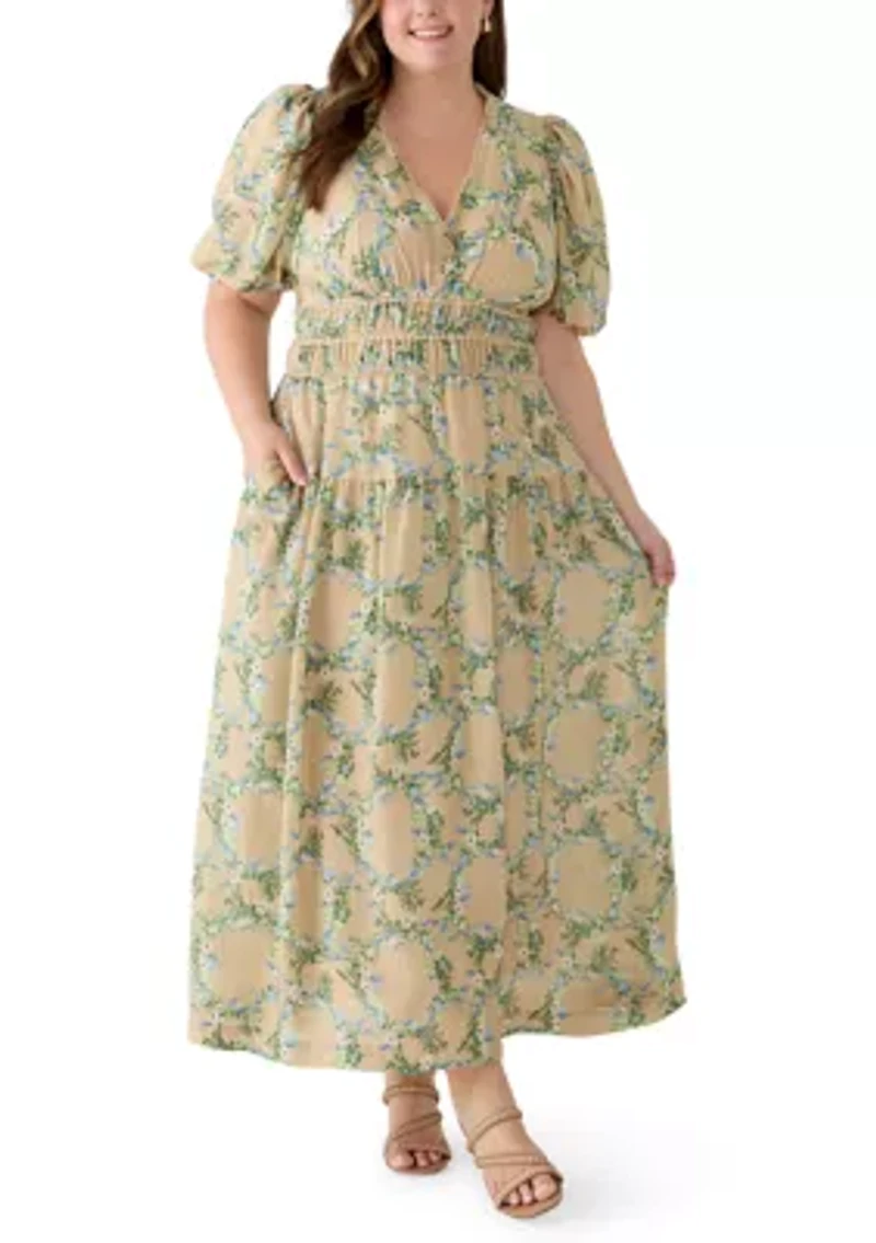 Plus Smocked Waist V Neck Floral Dress