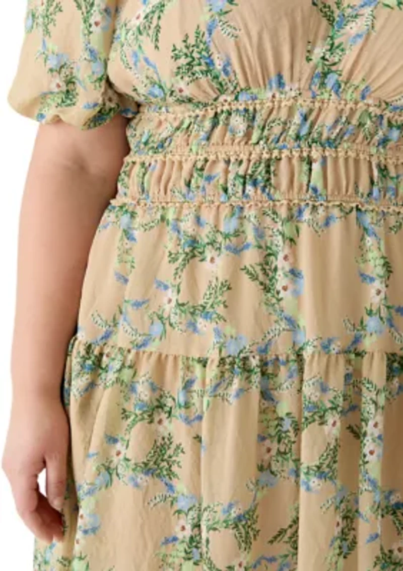 Plus Smocked Waist V Neck Floral Dress