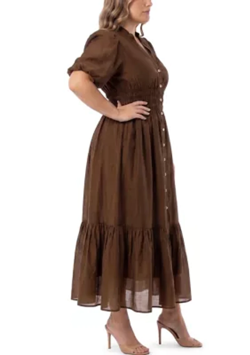Plus Button Front Smocked Waist Dress