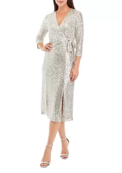 Women's 3/4 Sleeve Faux Wrap Midi Dress