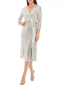 Women's 3/4 Sleeve Faux Wrap Midi Dress