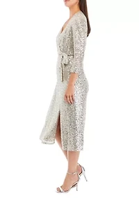 Women's 3/4 Sleeve Faux Wrap Midi Dress