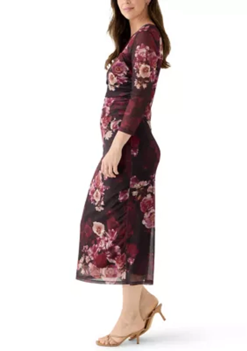 Women's Side Ruched Printed Midi Dress