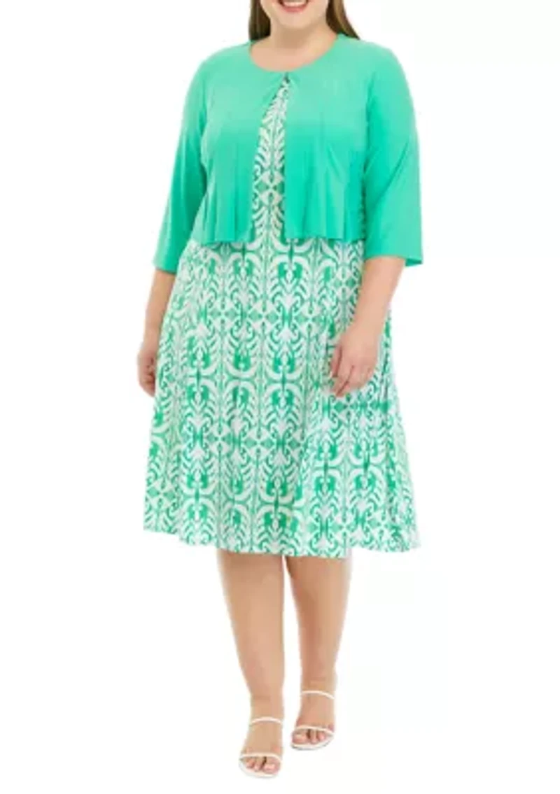 Plus 3/4 Solid Sleeve Jacket with Printed Fit and Flare Dress