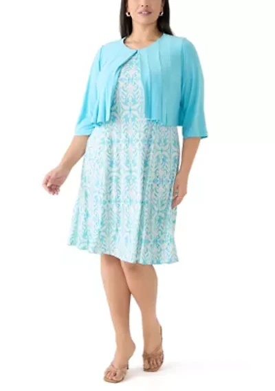 Plus 3/4 Solid Sleeve Jacket with Printed Fit and Flare Dress