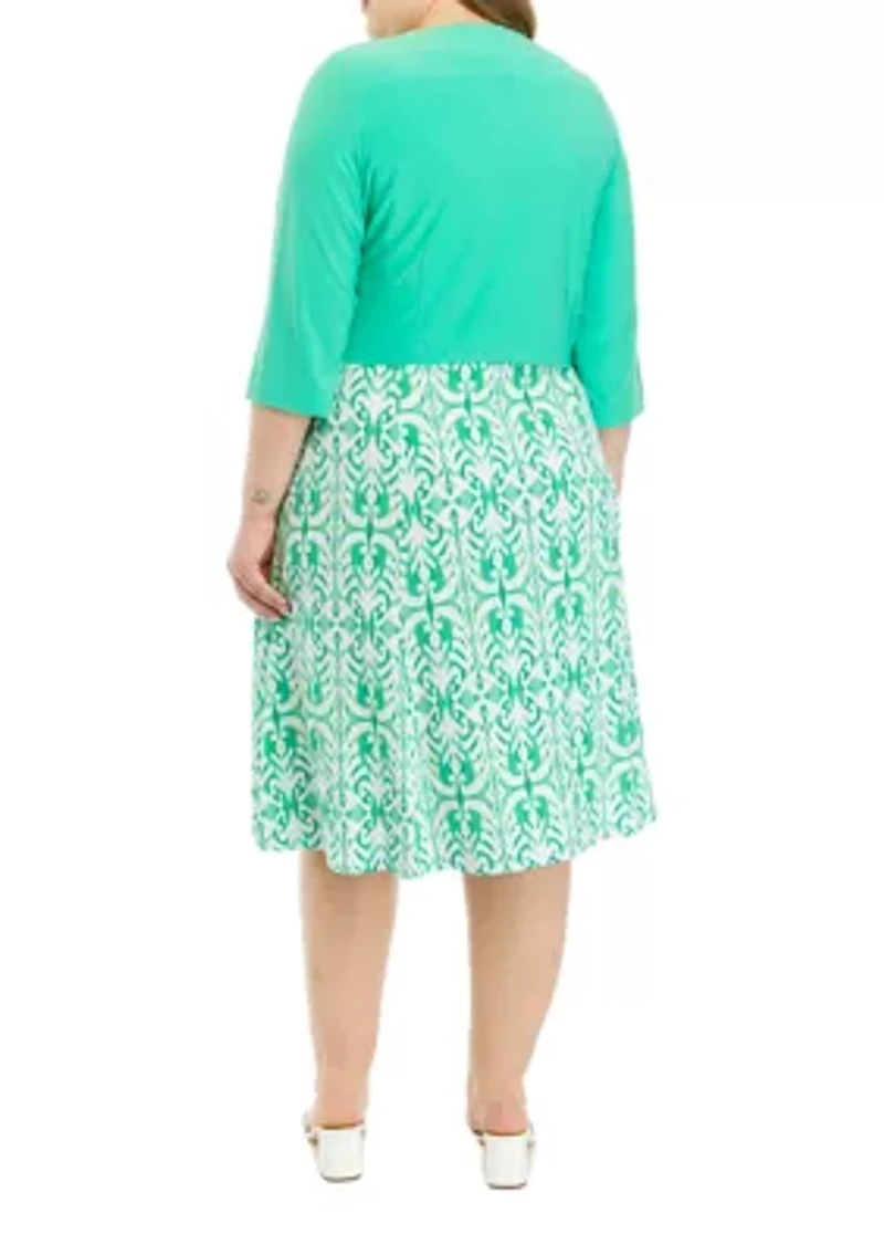 Plus 3/4 Solid Sleeve Jacket with Printed Fit and Flare Dress