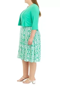 Plus 3/4 Solid Sleeve Jacket with Printed Fit and Flare Dress