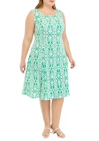 Plus 3/4 Solid Sleeve Jacket with Printed Fit and Flare Dress