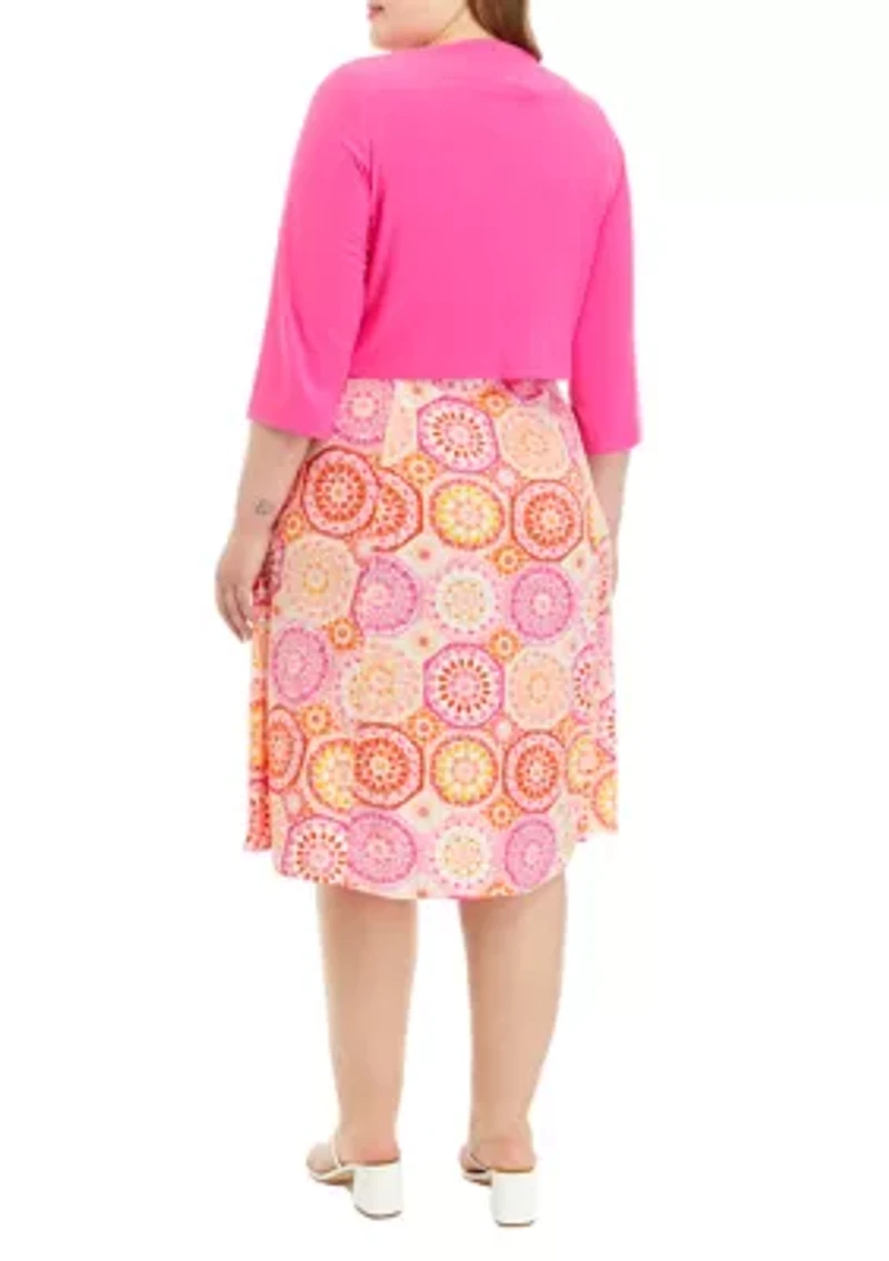 Plus 3/4 Sleeve Abstract Print Dress with Jacket