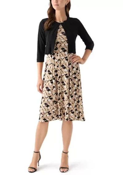 Women's Printed Dress with Three Quarter Sleeve Jacket