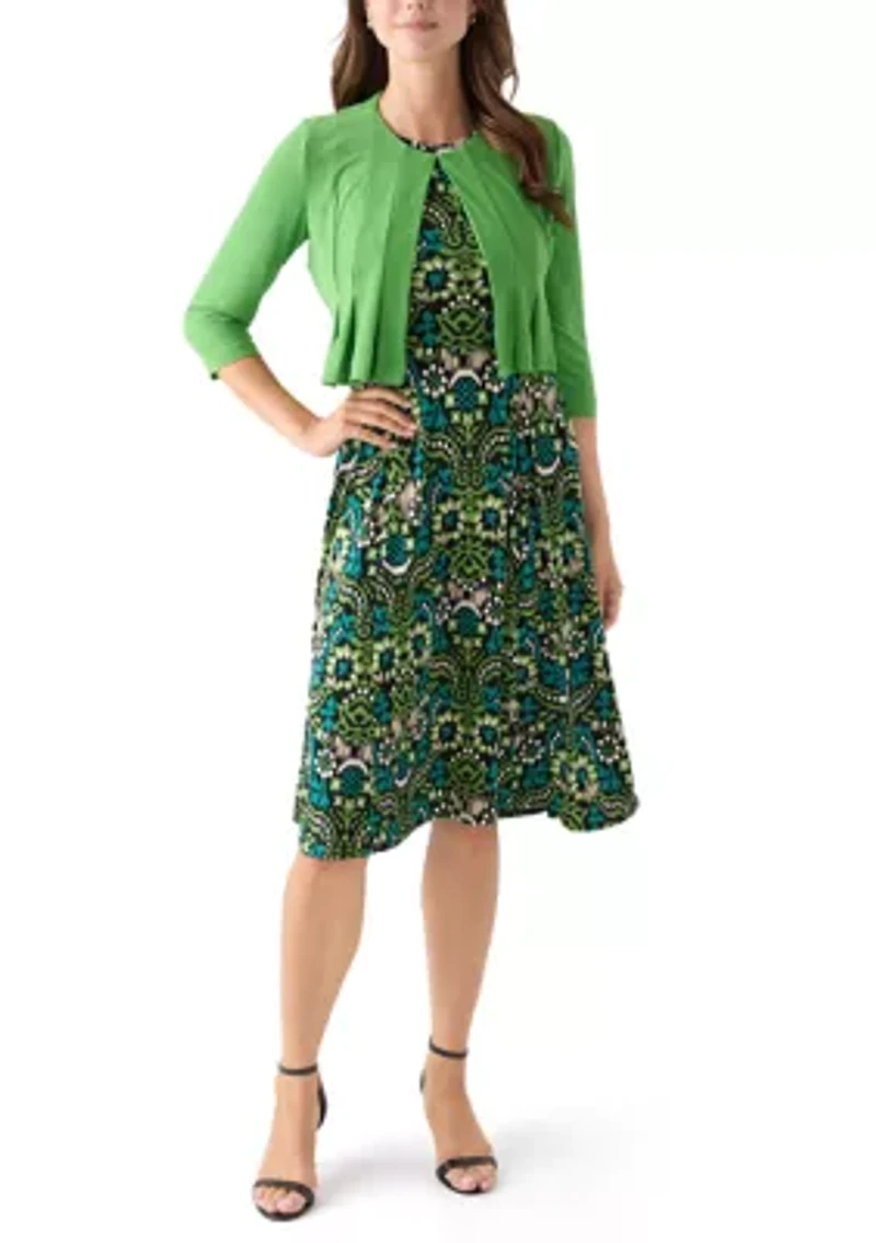 Women's Printed Dress with Three Quarter Sleeve Jacket Set