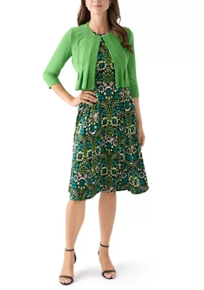 Women's Printed Dress with Three Quarter Sleeve Jacket Set