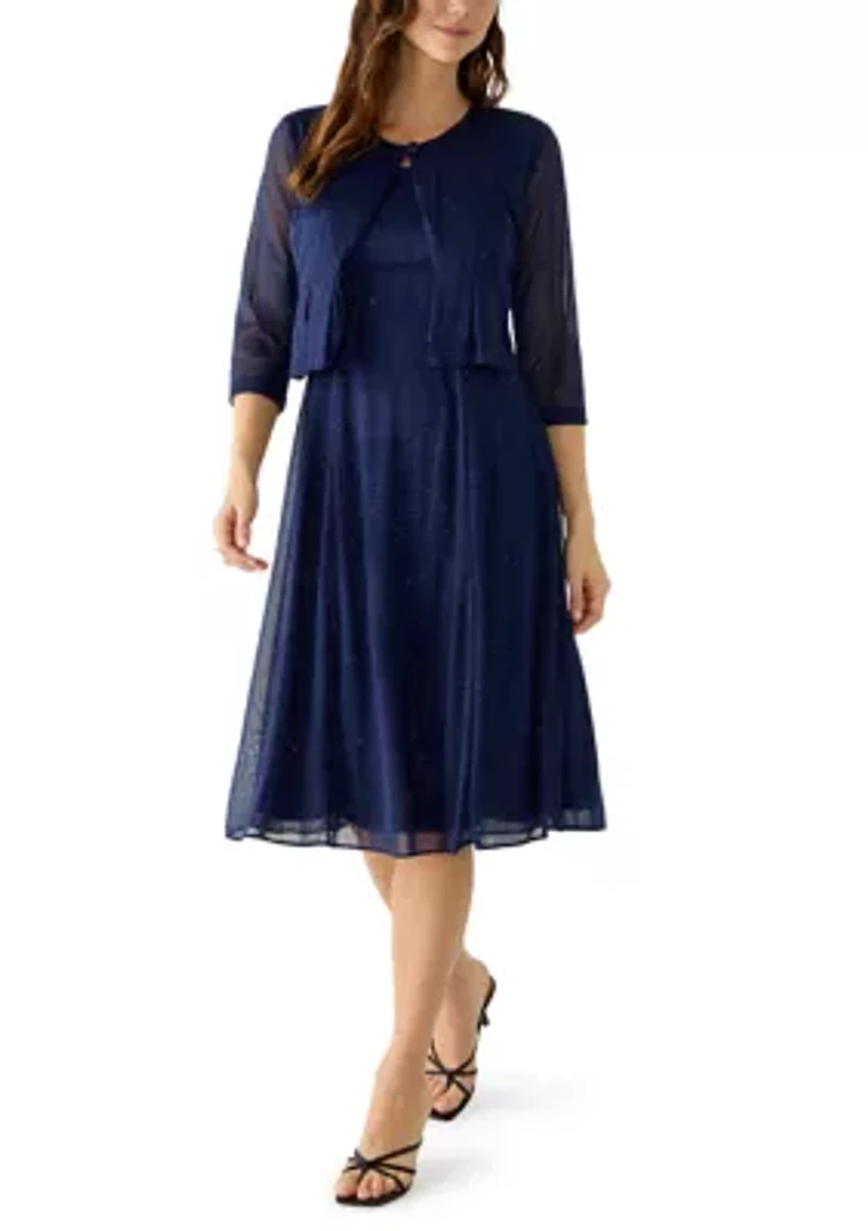 Women's 3/4 Sleeve Glitter Matte Jersey Dress and Jacket Set