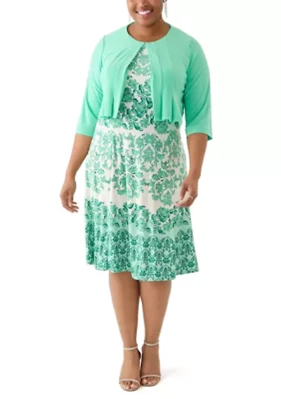 Plus Printed Dress and Solid Jacket Set