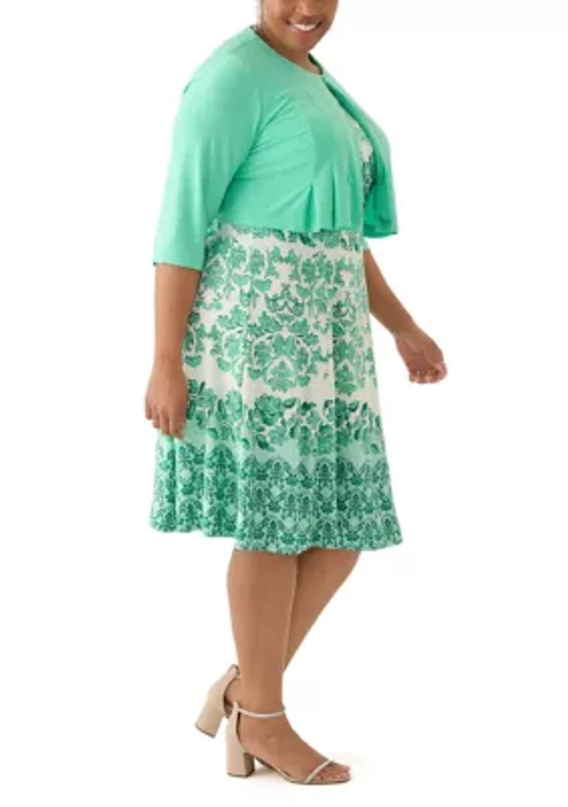 Plus Printed Dress and Solid Jacket Set