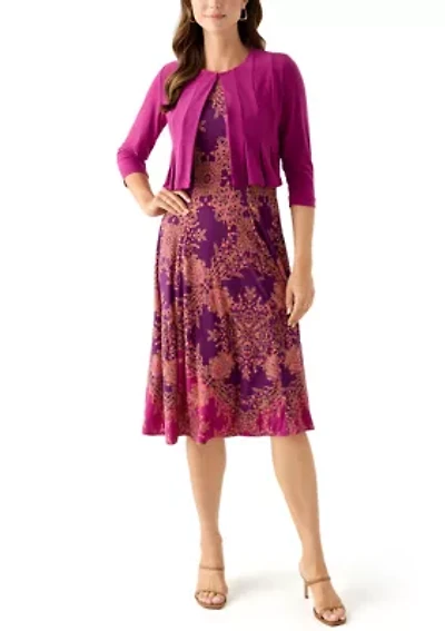 Women's Printed Dress with Three Quarter Sleeve Jacket Set