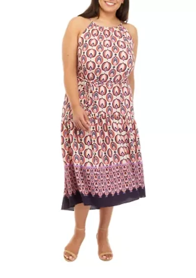 Plus Sleeveless Print Crepe Border Dress