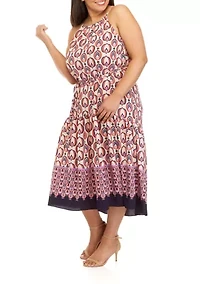 Plus Sleeveless Print Crepe Border Dress