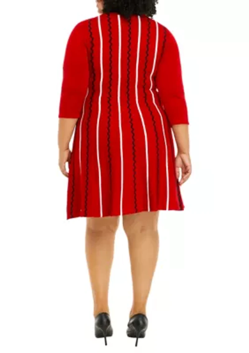 Plus 3/4 Sleeve Vertical Stripe Fit and Flare Dress
