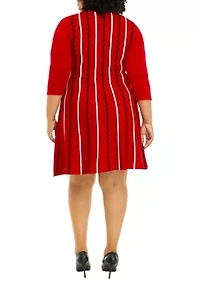 Plus 3/4 Sleeve Vertical Stripe Fit and Flare Dress