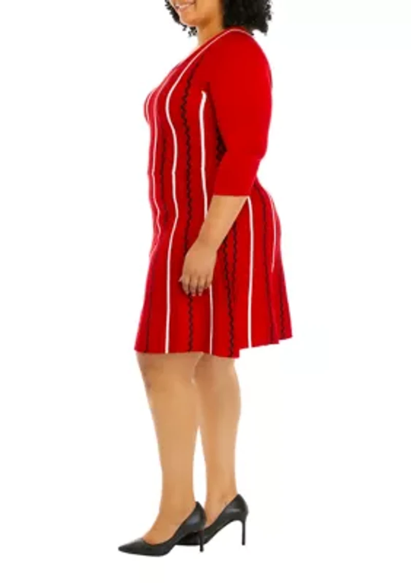 Plus 3/4 Sleeve Vertical Stripe Fit and Flare Dress
