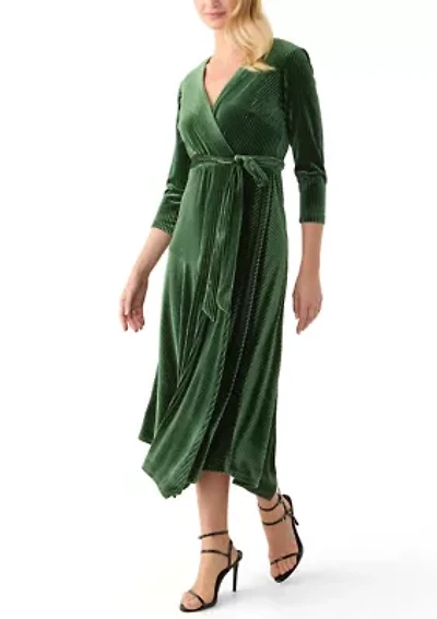 Women's 3/4 Sleeve Wrap Burnout Stripe Velvet Dress