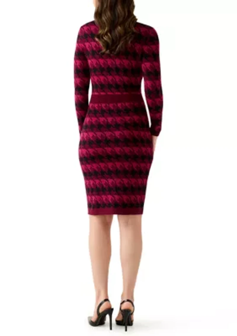 Women's Long Sleeve Houndstooth A-Line Sweater