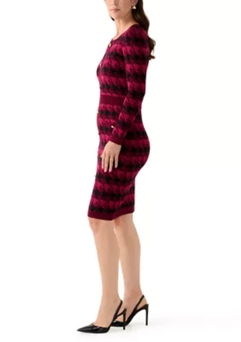Women's Long Sleeve Houndstooth A-Line Sweater