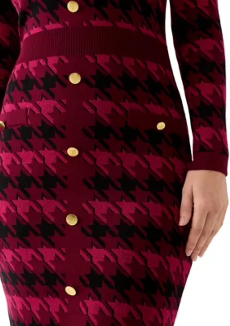 Women's Long Sleeve Houndstooth A-Line Sweater