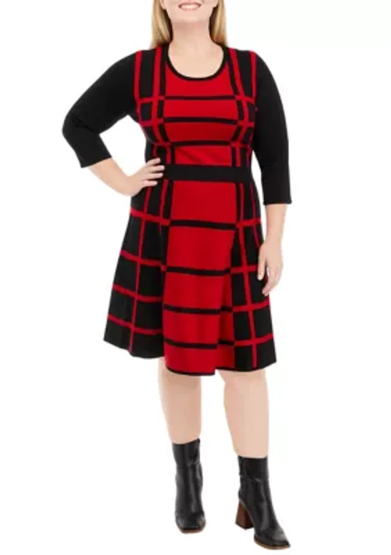 Plus 3/4 Sleeve Two-Tone Windowpane Fit and Flare Sweater Dress
