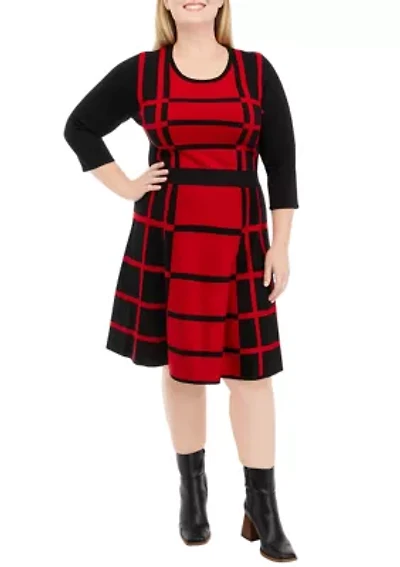Plus 3/4 Sleeve Two-Tone Windowpane Fit and Flare Sweater Dress