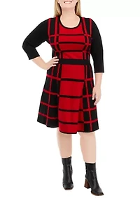 Plus 3/4 Sleeve Two-Tone Windowpane Fit and Flare Sweater Dress