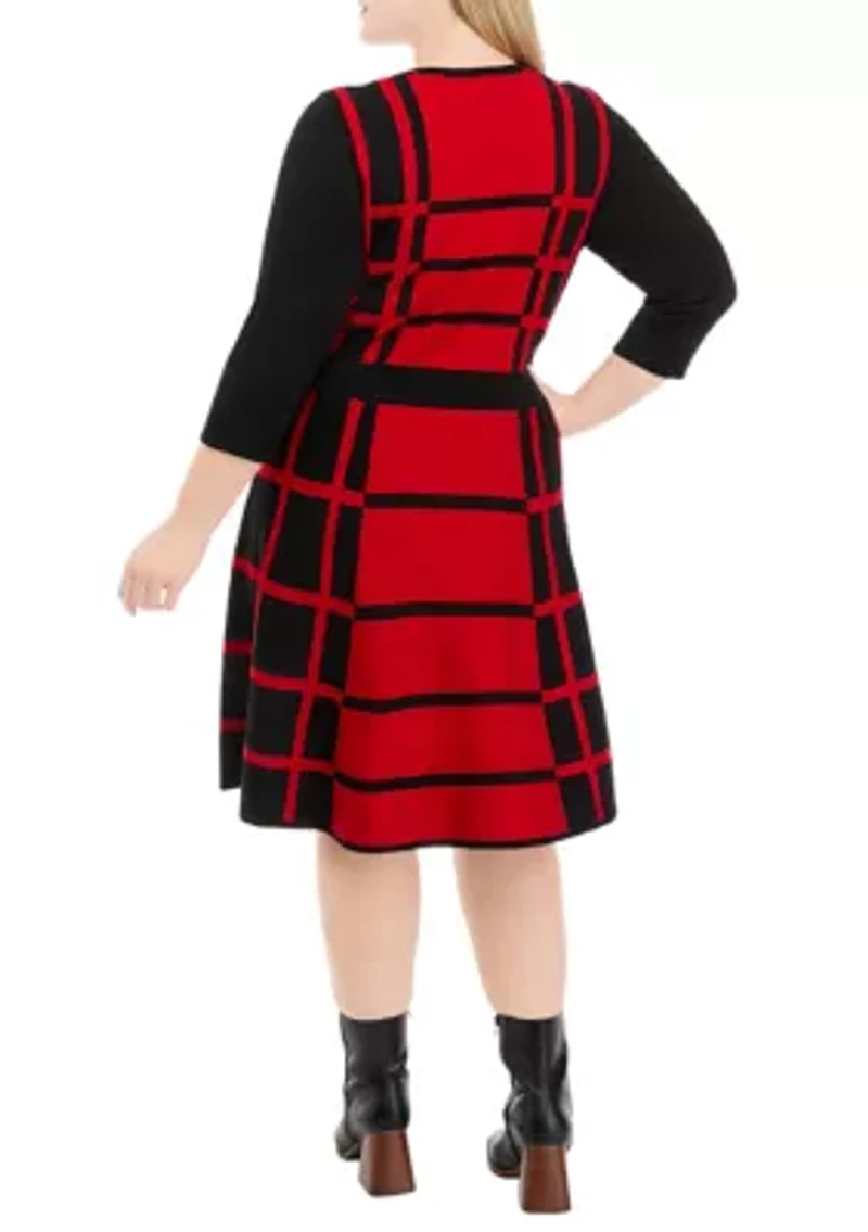 Plus 3/4 Sleeve Two-Tone Windowpane Fit and Flare Sweater Dress