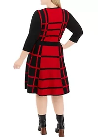 Plus 3/4 Sleeve Two-Tone Windowpane Fit and Flare Sweater Dress