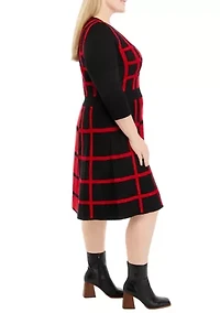 Plus 3/4 Sleeve Two-Tone Windowpane Fit and Flare Sweater Dress