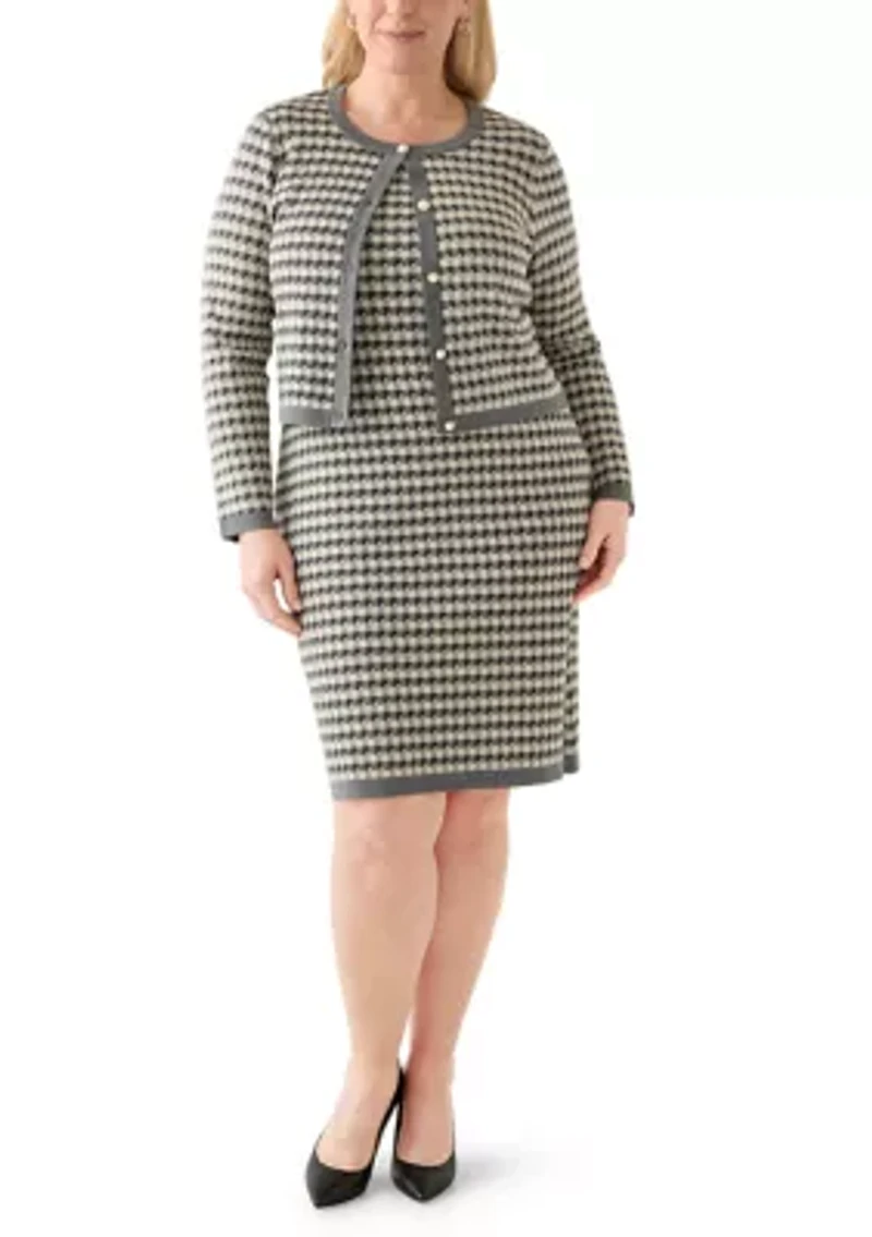 Plus Crew Neck Houndstooth Cardigan and Sheath Dress Set
