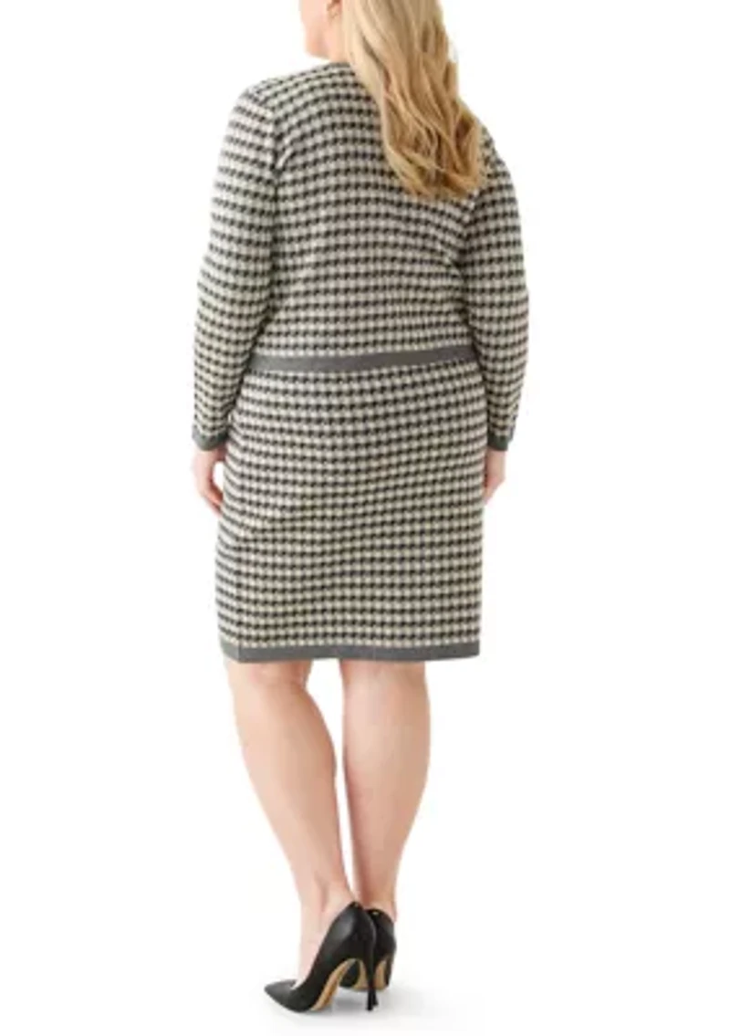 Plus Crew Neck Houndstooth Cardigan and Sheath Dress Set