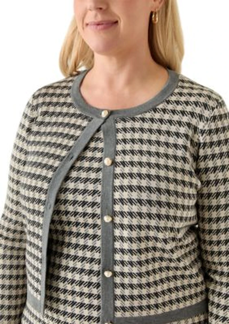 Plus Crew Neck Houndstooth Cardigan and Sheath Dress Set