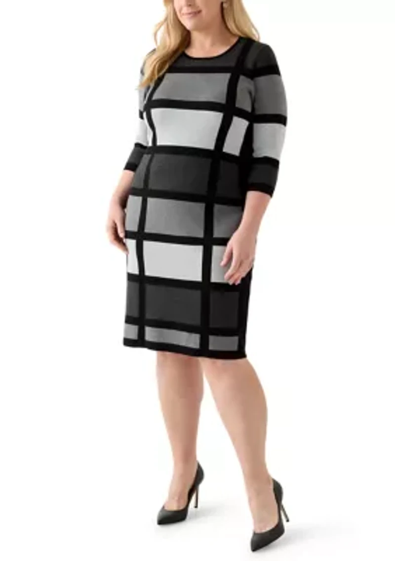 Plus Striped 3/4 Sleeve Sheath Sweater  Dress
