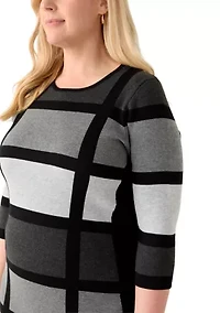Plus Striped 3/4 Sleeve Sheath Sweater  Dress