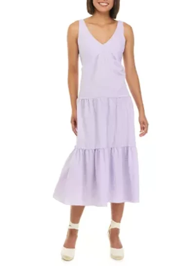 Women's Sleeveless Seersucker Tiered V-Neck Midi Dress