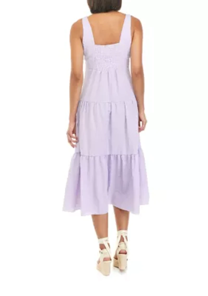 Women's Sleeveless Seersucker Tiered V-Neck Midi Dress