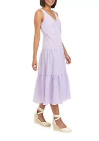 Women's Sleeveless Seersucker Tiered V-Neck Midi Dress