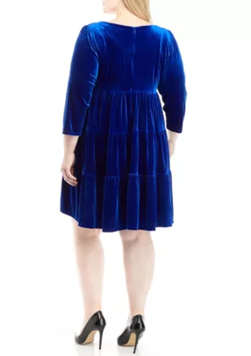 Plus 3/4 Sleeve Solid Velvet Tiered Fit and Flare Dress
