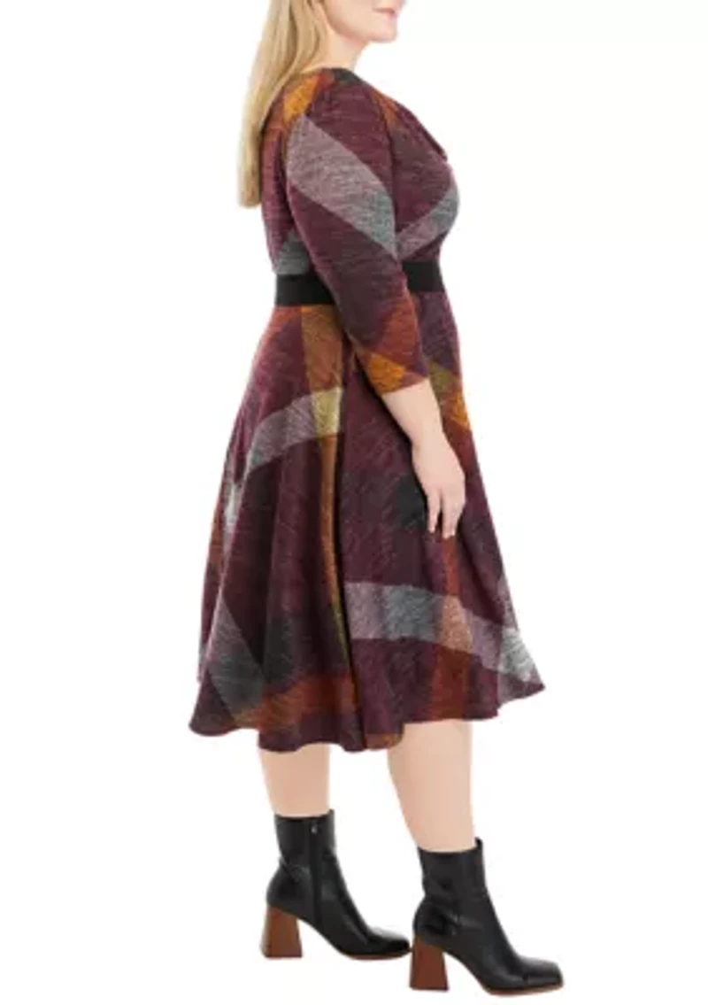 Plus 3/4 Sleeve Cowl Neck Belted Plaid Hacci Fit and Flare Dress