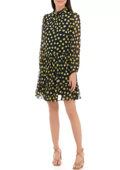 Women's Long Sleeve Mock Neck Floral Print Chiffon Dress