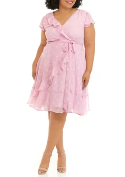 Plus Short Sleeve Solid Clip Dot Surplice Wrap Chiffon Dress