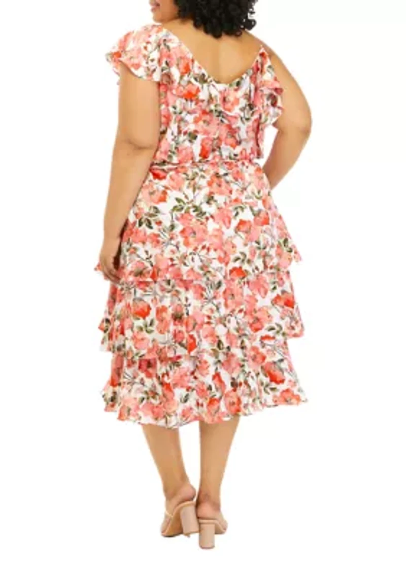 Plus Floral One-Shoulder Ruffled Dress