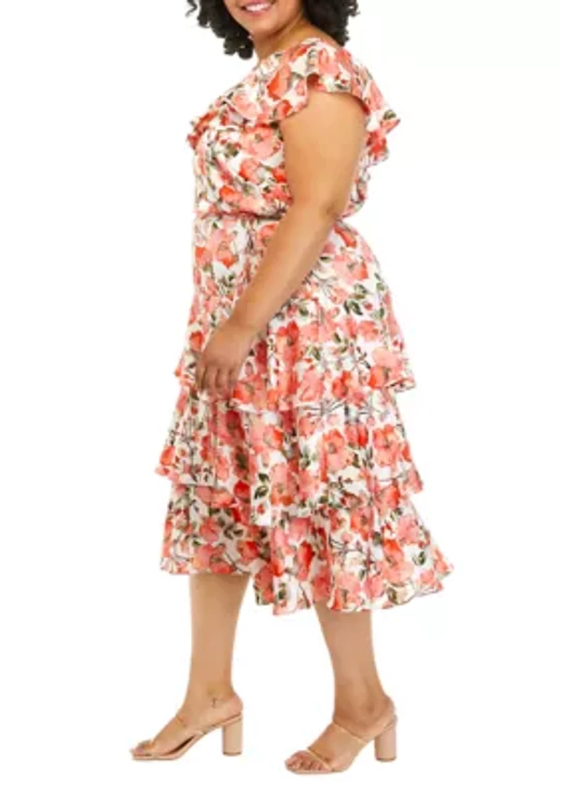 Plus Floral One-Shoulder Ruffled Dress